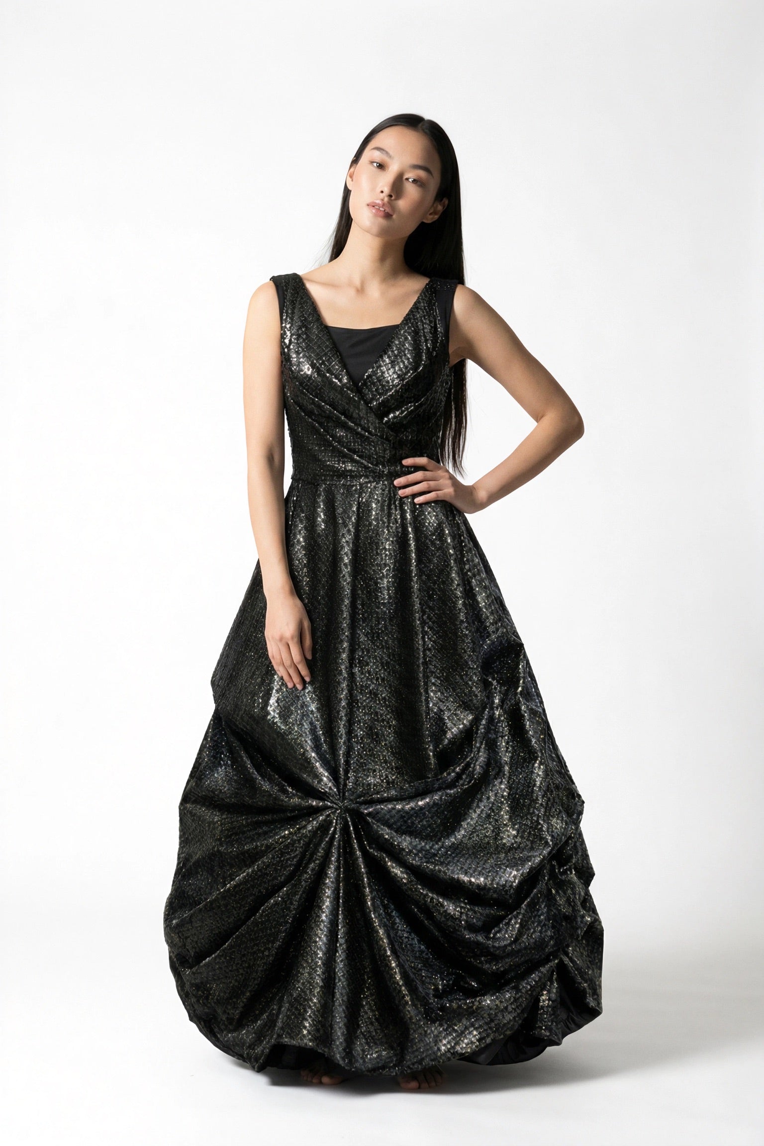 Black Modular Art Couture Dress in Post-Consumer Packaging