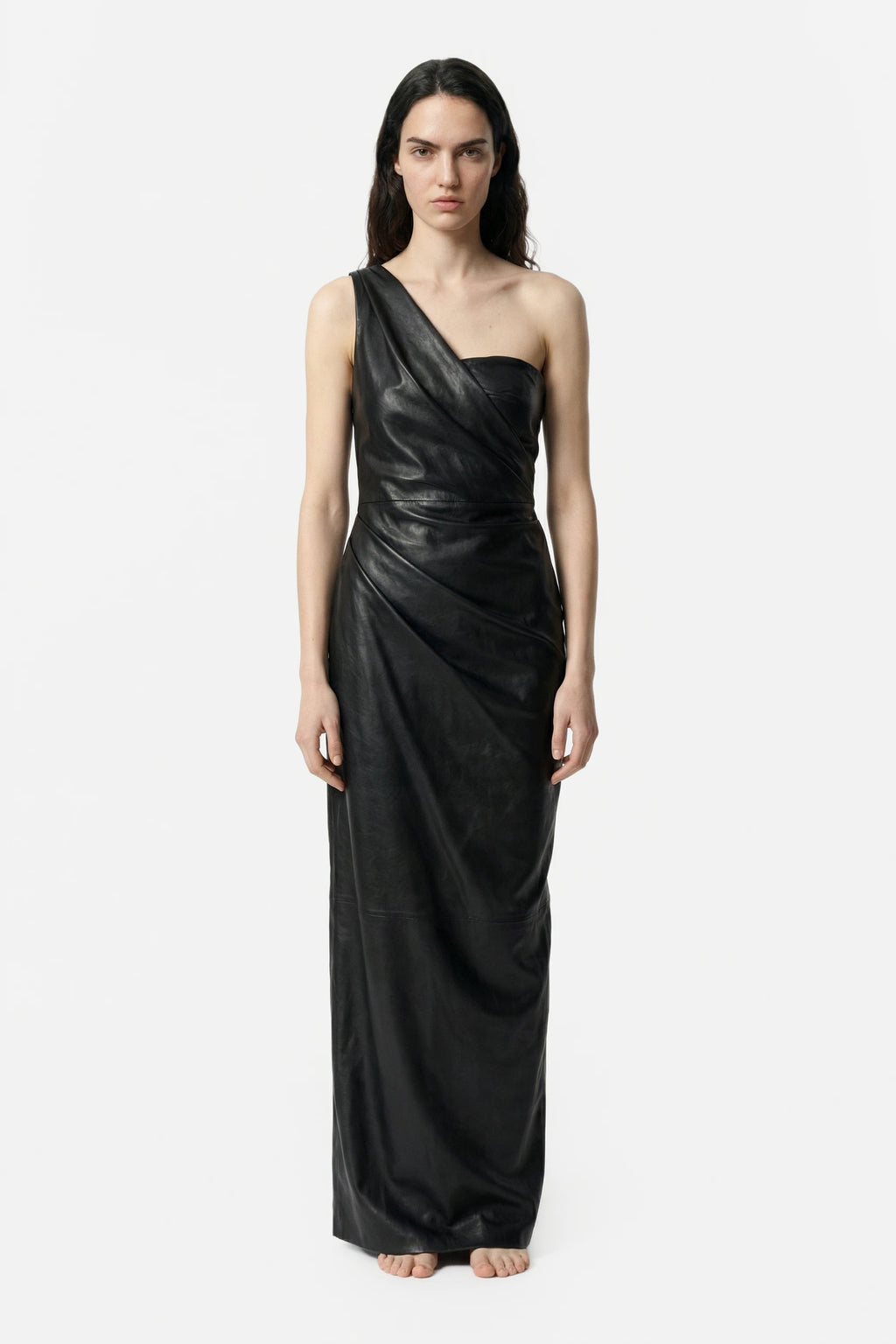 One shoulder long leather dress