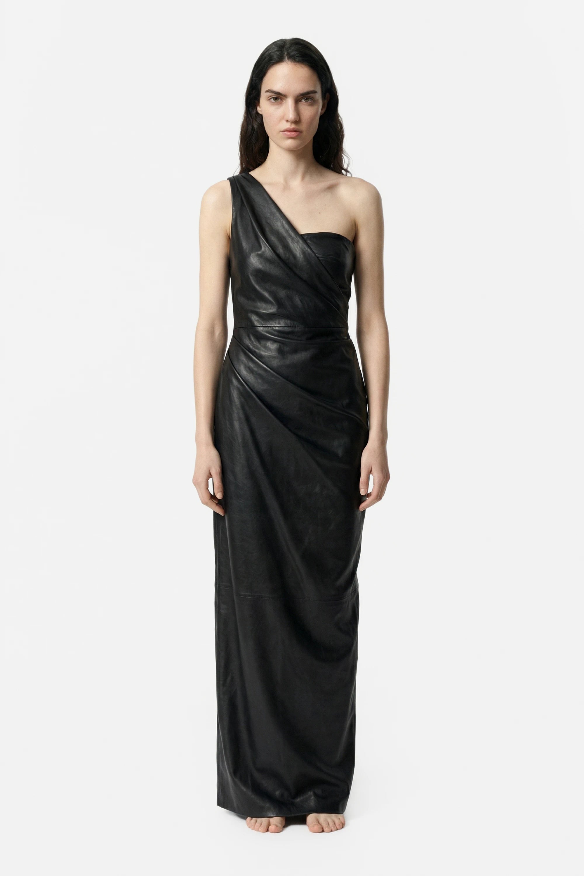 One shoulder long leather dress