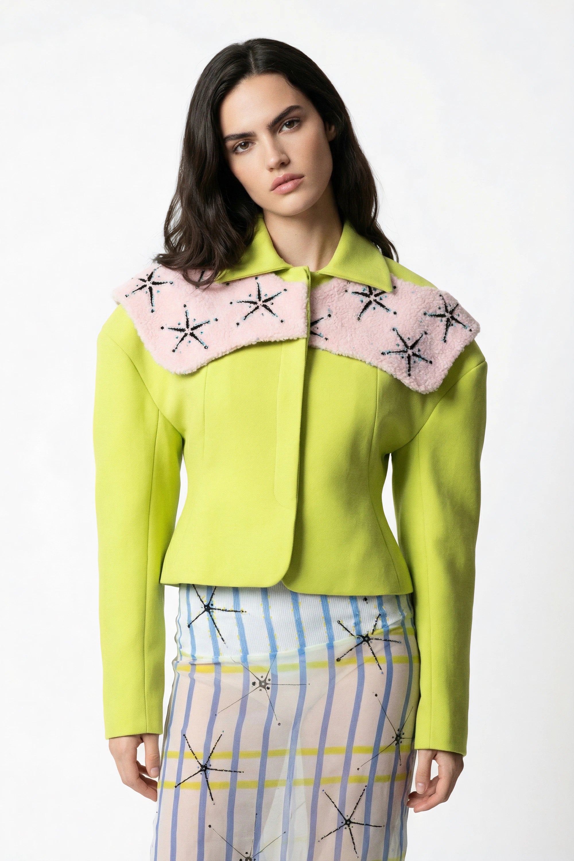 Citrus Collar Blazer & Illusion Grid Pencil Skirt