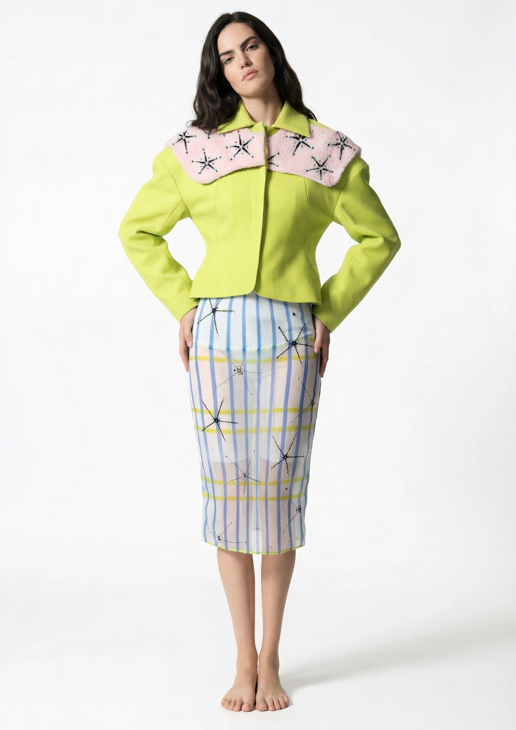 Citrus Collar Blazer & Illusion Grid Pencil Skirt