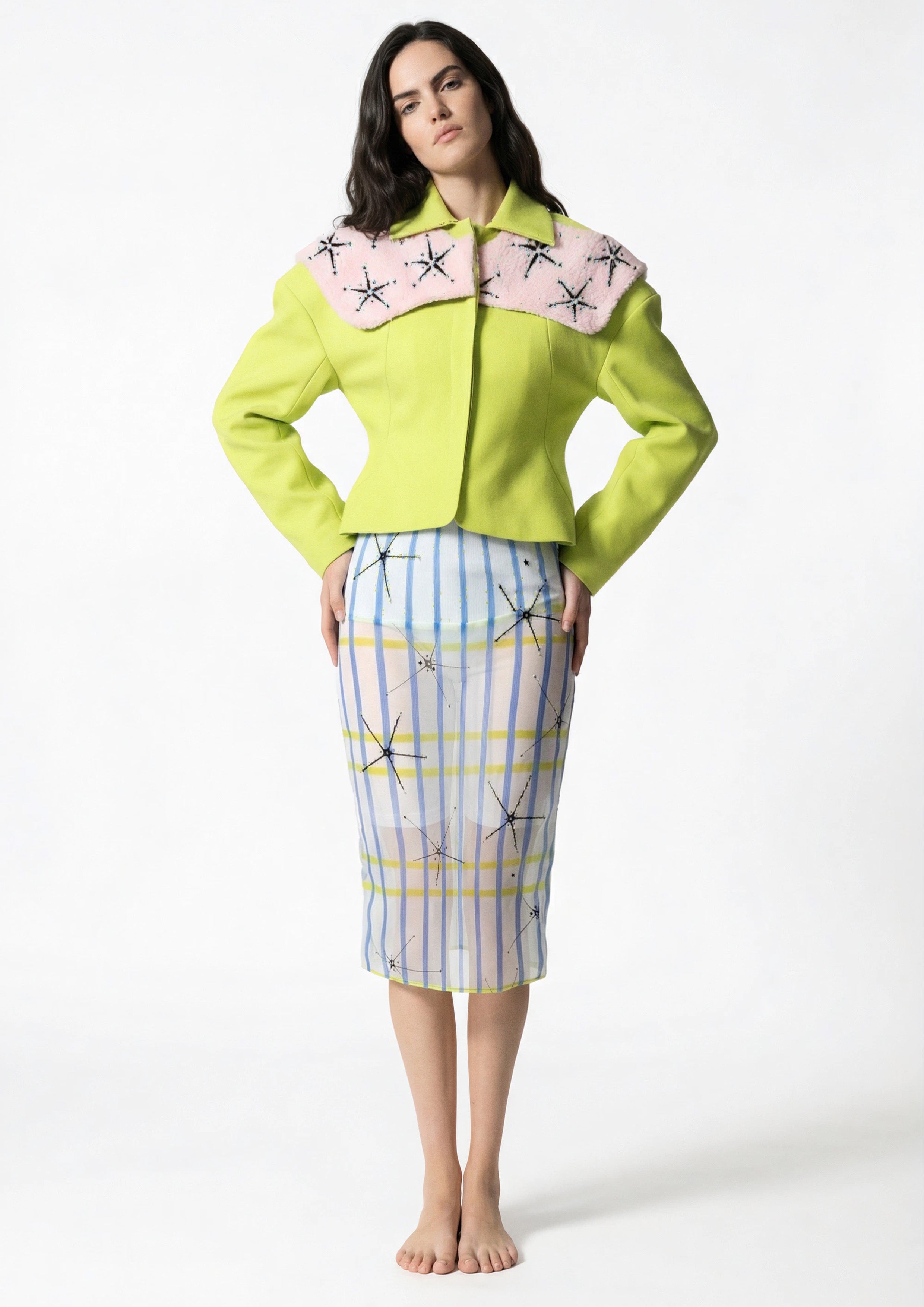 Citrus Collar Blazer & Illusion Grid Pencil Skirt